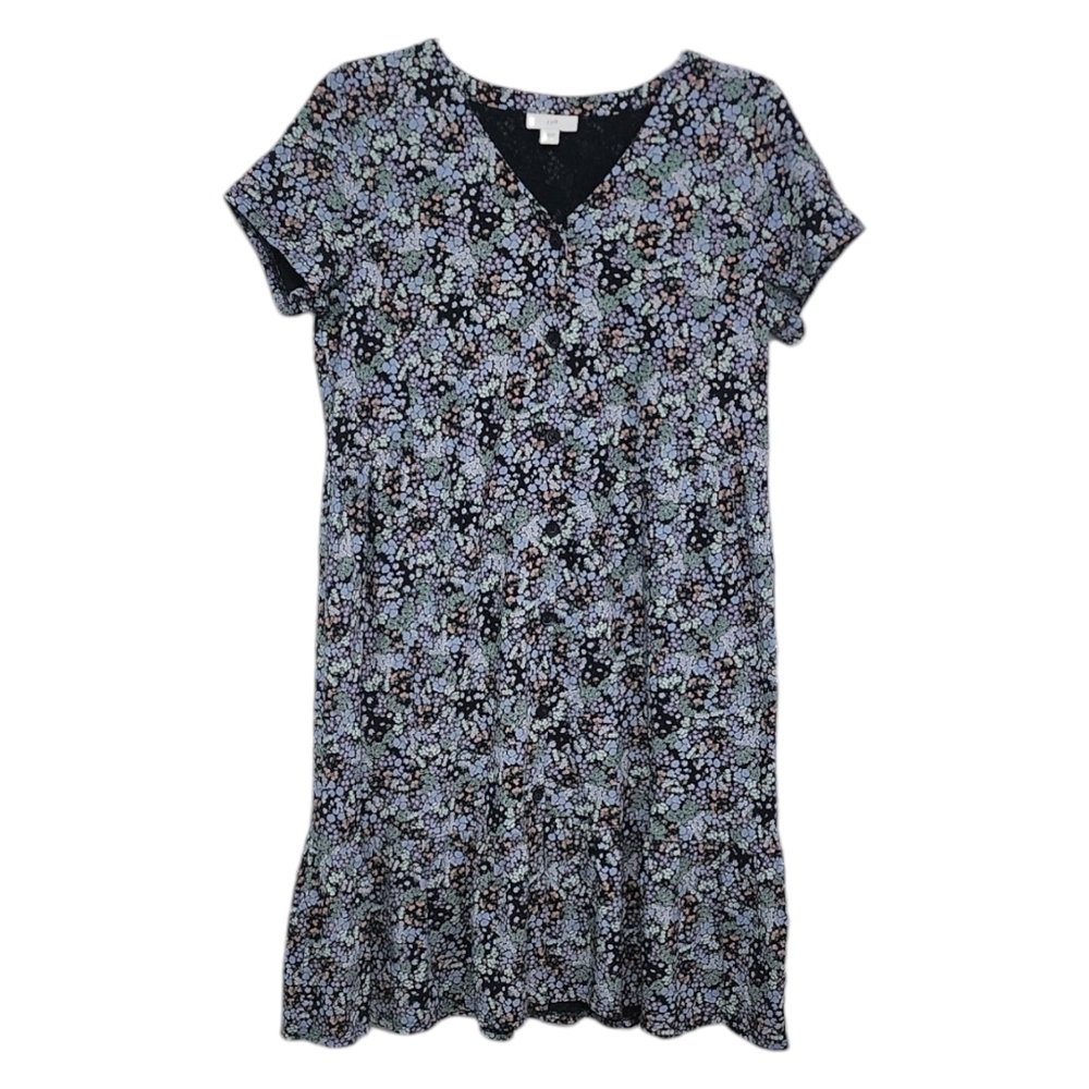 J Jill Floral Navy Pastel Floral Button Down Smocked Spring Garden Dress Sz Sm